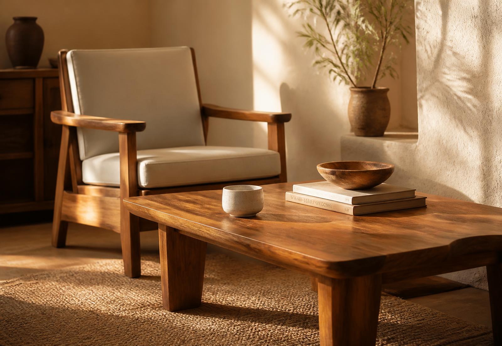 Handcrafted wooden coffee table and armchair in a sunlit room
